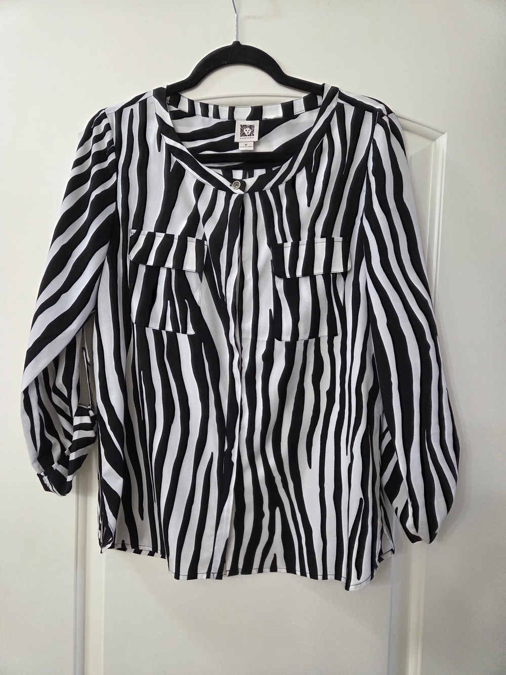 Anne Klein Black and White Striped Blouse with Pocket Flaps